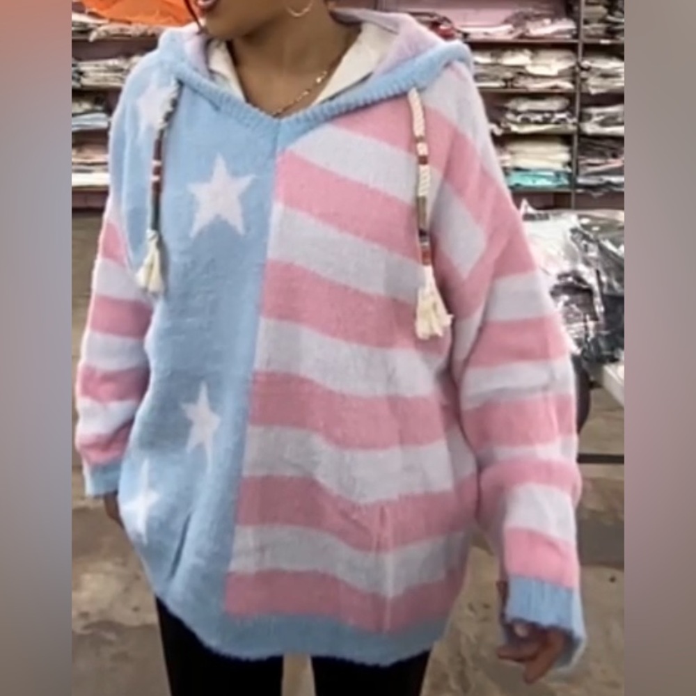 POL STRIPE STAR PINK AND BLUE OVERSIZED COZY HOODIE SIZE MEDIUM NWT - Picture 8 of 9